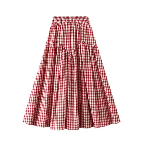 Womens Plaid Skirt Gingham Elastic High Waist Skirts A Line Midi Skirt Loose Fit Flowy Swing Skirts 2025 Fashion