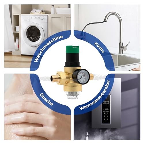 VANCOCO Druckminderer Wasser 1/2 Zoll DN 15, Wasserdruckregler mit Manometer und Filter, Wiederverwendbarer Druckregler aus Messing