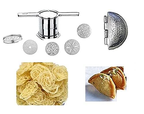 Image of UROOJ Best Combo of Aluminium Kitchen Press ith 5Blades Snack /Noodles Press /Muruklu /Murukku Maker /Karampoosa giddalu & Aluminium Gujiya /Gujia Maker Mould