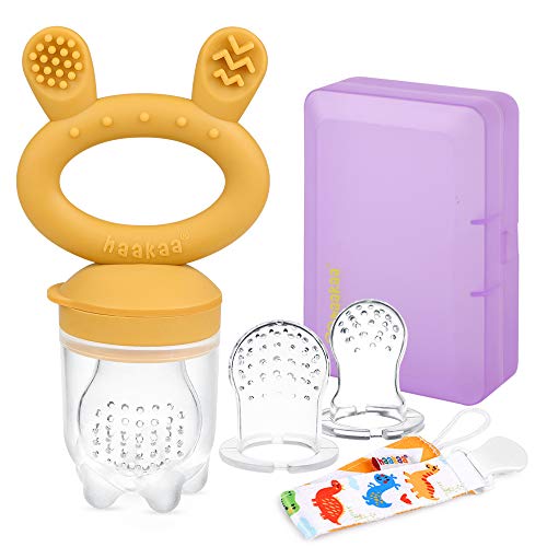 Haakaa Baby Food Feeder/Fruit Feeder Pacifier Silicone Baby Feeder Teether for Babies Infant Teething Toys for 3 Months+ BPA Free, with Pacifier Clip & Travel Case(1 Pack, Mustard)