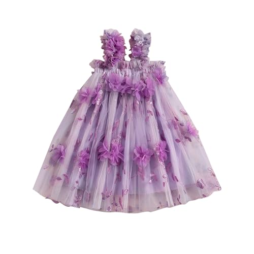 Baby Girl Tulle Tutu Dress Sleeveless 3D Floral Photoshoot Dresses Toddler Birthday Party Princess Dress (Purple, 3-4 Years)