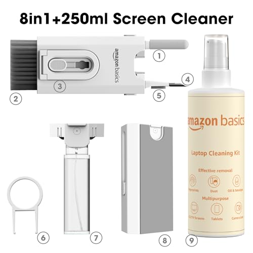 Image of Amazon Basics 8-in-1 Cleaning Kit for Laptop, Mobile, iPhone, AirPods, Earbuds, Keyboard | Multifunctional Tool Kit | Includes Microfibre Cloth & 250 ml Cleaning Liquid