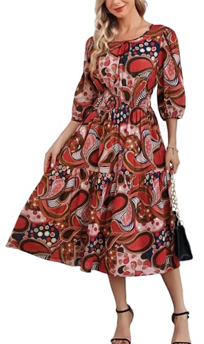 Image of Kormei Women Casual Boho Floral Round Neck 3 /4 Sleeve Smocked Waist A Line Tiered Flowy Swing Midi Long Dress L Brown /Red Floral