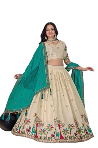 Image of Women Heavy Chinon Silk Stitched Lehenga Choli Set With Multicolor Embroidery And Dupatta Set