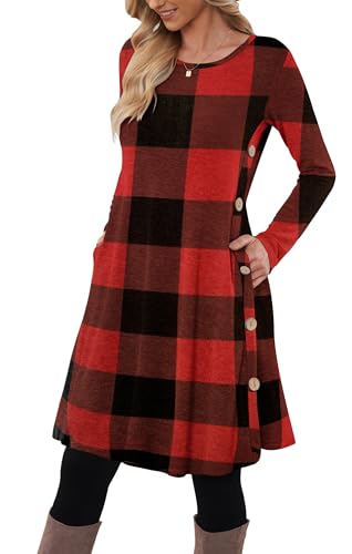 MOLERANI Pulloverkleid für Damen Langarmkleid Damen Knopf Lässiges Tunikakleid mit Taschen Red Lattice L