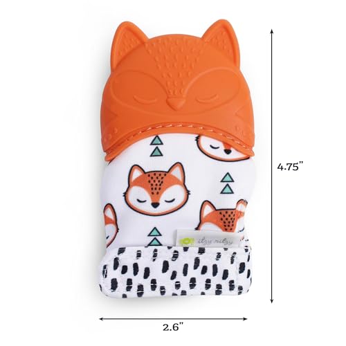 Image of Itzy Ritzy Silicone Teething Mitt - Soothing Infant Teething Mitten with Adjustable Strap, Crinkle Sound & Textured Silicone to Soothe Sore & Swollen Gums - For Ages 3 Months & Up (Fox)