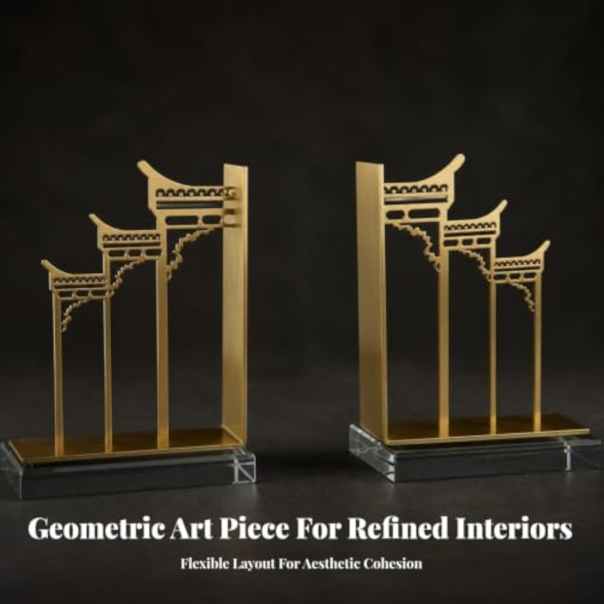 Sturdy Metal Bookends, Gold-Tone Geometric Design