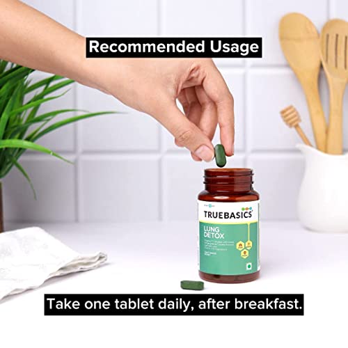 Image of TrueBasics Lung Detox Supplements, 100% Natural Herbal Blends, Vitamin C, K2 and Magnesium, Lungs Cleaner for Detoxification and Immune Defence, Clinically Researched Ingredients, 30 Veg Tablets