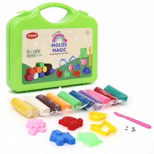 Image of Chanak Moldy Magic Creative Art & Craft Playdough with Foldable Suitcase, Air Dry Clay for Toddlers & Kids Age 3+, Includes 10 Colorful Dough 25gm Each & 13 Sculpting Tools, Non Toxic & Non Sticky