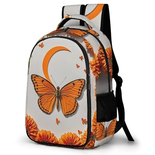 Heavy-Duty Backpack with Side Pockets, Orange Butterfly Moon Print Durable Backpack Ideal for Travel, And Outdoor Adventures