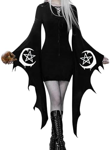 EVELUST Damen Fledermaus Ärmel Kleid - Sexy Schwarze Gothic Halloween Vampir Kostüme Erwachsene Morticia Addams Familiy Cosplay Kleidung Karneval...