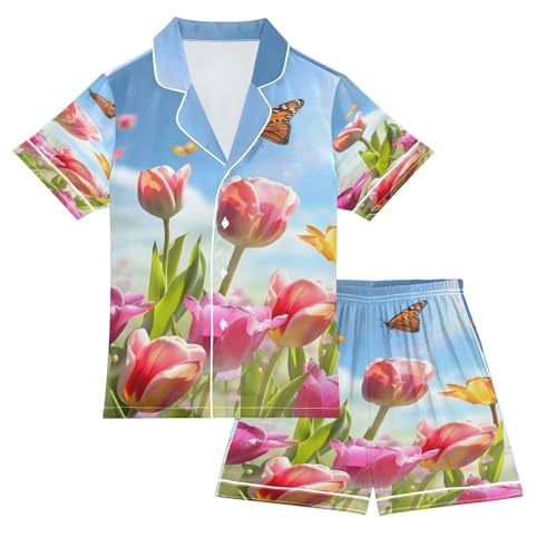 senya Pajama Sets Silky Button Down Nightwear Sleepwear Size 5-14 Years Spring Wallpaper with Tiulip
