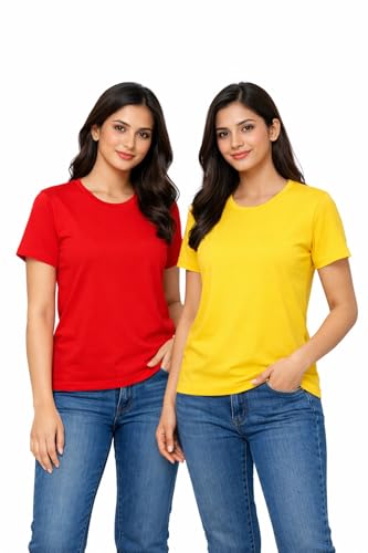 Image of Hangout Hub HH95 Tshirt for Womens | Regular Fit | Super Combed Cotton Women T-Shirt | Solid Plain Tees | Round Neck T Shirt | Half | Pack of 2 | 3 | 4 | 5 | 6
