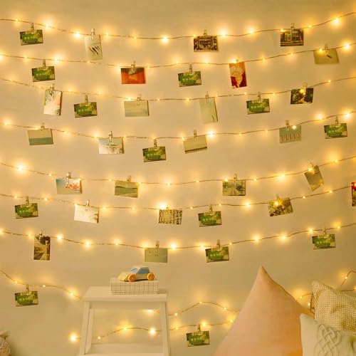 Hoteril Fotoclips Lichterkette, Lichterkette Klammern 12M 120 LEDs Fotoclips Bilder Batteriebetrieben mit 60 Klammern für Fotos Wand Weihnachten Hochzeiten Party Bilder Aufhängen