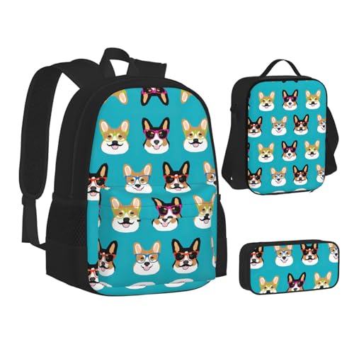 Cute Corgi Glasses And Mustaches Print 3 Piece Set Backpack, Lunch Bag, Pencil Case, Cute Sturdy For College And Travel2