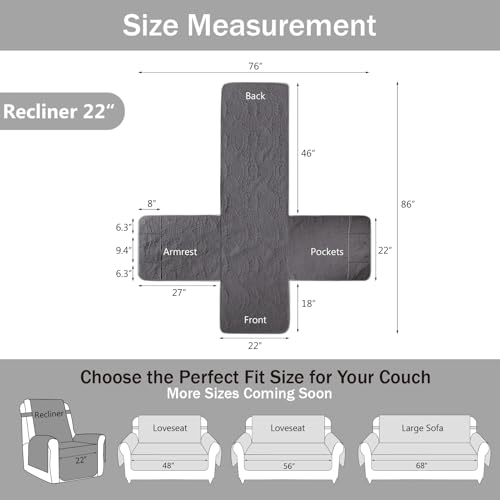 Image of Quilted Recliner Chair Covers,Water-Repellent Recliner Slipcovers, Lazy Boy Recliner Cover Snug Fit, Pet Friendly Recliner Cover for Dogs Cats, Washable Couch Protector (Recliner 22 inch, Gray)