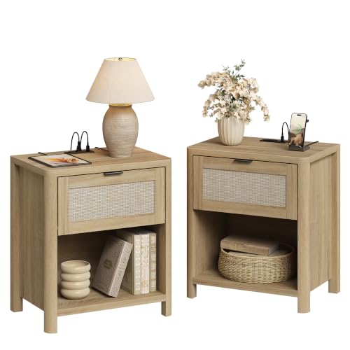 Image of Boho Nightstand with Charging Station, Bedside Table with Drawer & Open Storage Shelf, Mid-Century Modern End Table Rattan-Look Drawer, Accent Side Table with Rounded Corners for Bedroom Living Room