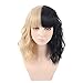 PATTNIUM Black Blonde Wig Short Curly Wig Black and Blonde Wig with Bangs Split Wig Half Blonde Half Black Wig for Women 2 Tone Wig Heat Resistant Synthetic Hair Halloween Cosplay Costume Wig (Half Blonde Half Black)