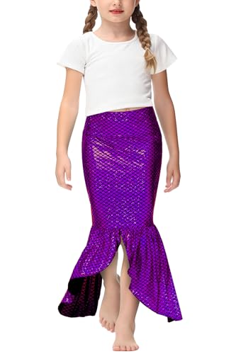 Image of Mermaid Tail Costume Kid Girls Halloween Sparkly Fish Tail Skirts High Waisted Party Skirt 7-8 Years Purple