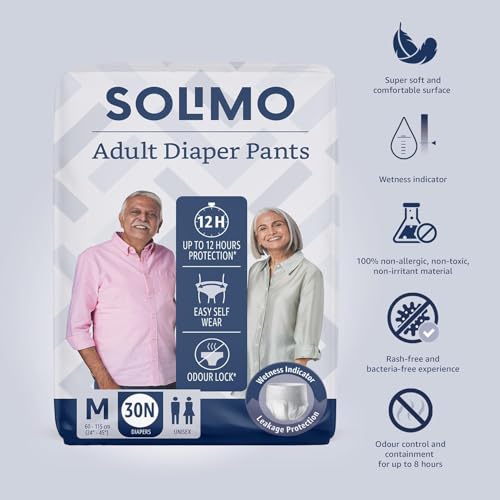 Amazon Brand - Solimo Adult Diapers Pant Style | Medium Size | 60 Count | (30 x Pack of 2) | Waist 24-45 Inch (60-115 cm) | Fast Absorption | Leak Proof | Unisex | For Men & Women