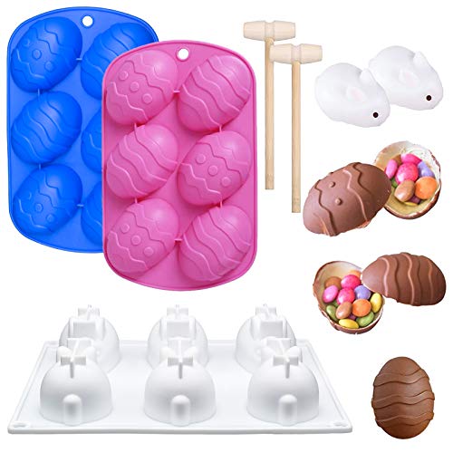 3 Pieces Easter Silicone Molds, Egg Shaped and Bunny Cake Baking Mold with 2 Pieces Wooden Hammer for Easter Cake Decoration Candy Chocolate Home Kitchen DIY Baking
