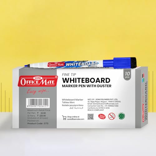 Image of Soni Officemate Fine Tip Whiteboard Markers with Duster Cap | Pack of 10 (Mix) |Black, Blue, Red & Green | 2.5 mm Tip | Eraser Cap | Non-Toxic | Smooth Writing