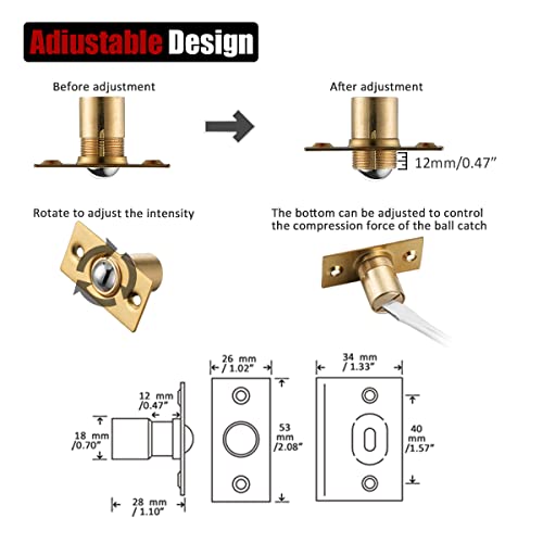 Image of JQK Closet Ball Catch Door Hardware, Stainless Steel Catch Adjustable with Strike Plate, Gold Finish 2 Pack, HBC100-BG-P2