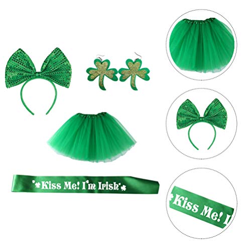 PretyzOOM 4 peças acessório para fantasia de Dia de São Patrício com laço verde para tiara, saia tut