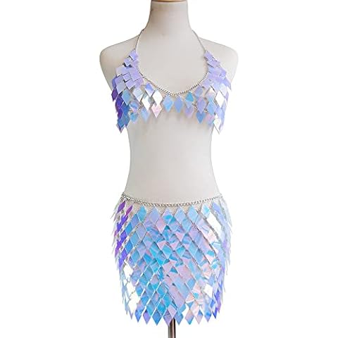 Aosbset Sequins Tassels Body Chain Outfits Bra Skirt Blue Bikini Sets Rave Festival Clubwear Sequins Tassels Accessories Jewelry for Women Cover