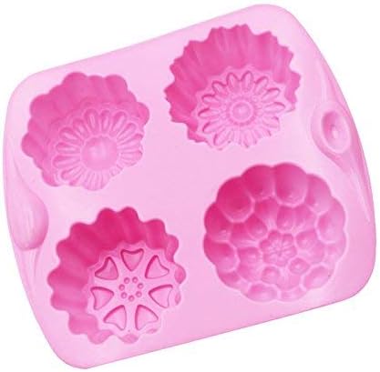 RKPM HOMES Silicone 4-Cavity Different Flowers Muffins Jelly Candle Mould Handmade Soap Mould, Multi-Color