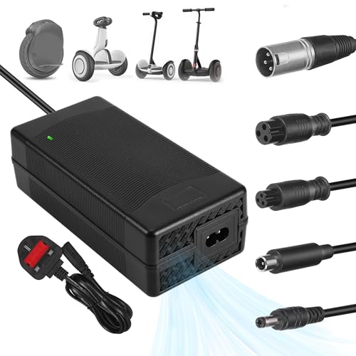 JIZZU 42V 3A Electric Scooter Charger, Electric Bike Charger with Fan Radiator, Mobility Scooter Chargers with 5 Connectors, Hoverboard Chargers for 36V Lithium Battery, Xiaomi M365, Unicycles