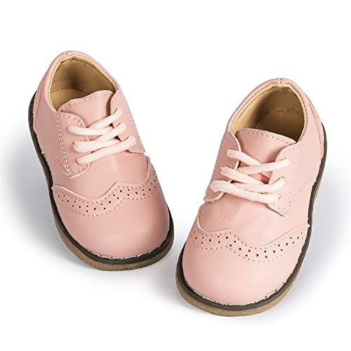 Meckior Toddler Boys Girls Dress Shoes Little Kid Oxford Shoes Wedding Church Dress Shoes Pu Leather Lace Up School Uniform Loafer Flats A/Pink #TOP23
