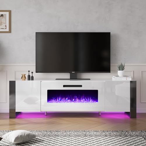 LUXOAK U-Shaped Legs 70" Fireplace TV Stand, Mirrored Finish Media Console with 36" Electric Fireplace, Modern LED Lights Storage Entertainment Center for TVs Up to 80", All White