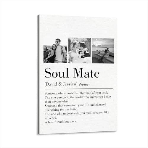 KiKiLuna Personalized Soul Mate Definition Canvas Poster, 1-4 Photo Collage Wall Art, Custom Names Print, Anniversary Wedding Valentine Gift, Bedroom Living Room Decor