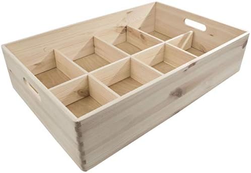 Extra Large Wooden Open Storage Box with 8 Compartments | 60 x 40 x 23.5 cm | Unpainted & Untreated Decorative Pine | Removable Dividers | Non-lidded Trunk Crate Keepsake Tool Organiser