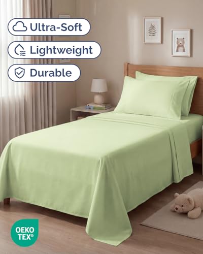 Image of Twin 4 Piece Bed Sheet Set - Breathable & Cooling Sheets - Light Sage Green | Ultra Soft Hotel Luxury Bedding Set with 8-16 Inch Deep Pockets, 1 Flat & 1 Fitted Sheet & 2 Pillowcases, Wrinkle & Fade Free