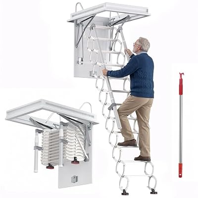 Ceiling Mount Attic Ladder, 12-Step Attic Ladder with Handrails, Retractable Pull Down Loft Stairs for Attic, Garage & Basement - 31.1 x 35 in Opening Size