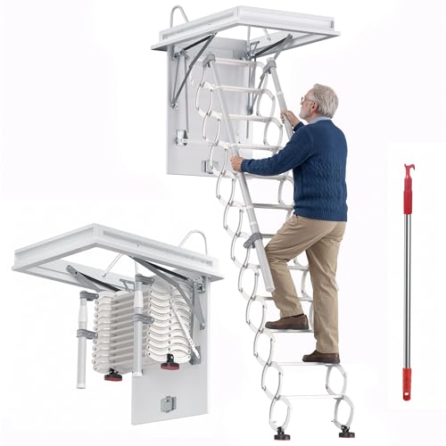 Ceiling Mount Attic Ladder, 12-Step Attic Ladder with Handrails, Retractable Pull Down Loft Stairs for Attic, Garage & Basement - 31.1 x 38.9 in Opening Size