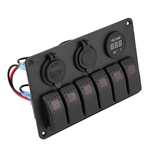 KIMISS 6 Gang LED Rocker Switch Panel for Cars & Boats, 12V 24V with Dual USB Ports, Voltmeter & Cigarette Lighter, Orange Backlit