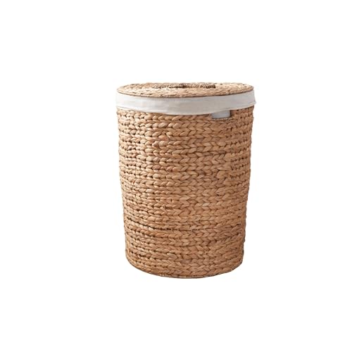 Image of Round Handwoven Laundry Basket with Lid, 15 x 15 x 20 in - Water Hyacinth Wicker Hamper for Bedroom, Nursery & Laundry Room