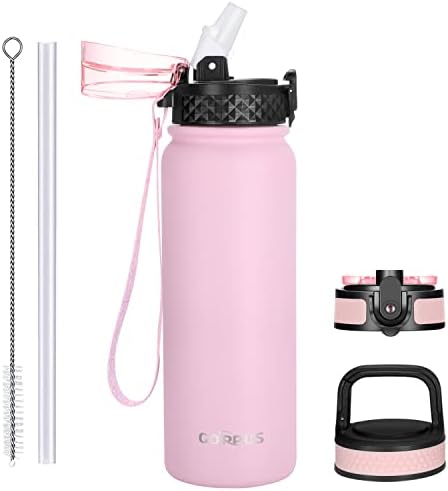 GOPPUS Kids Water Bottle with Straw Spout Wide Mouth Lid 20 oz Leak Proof Double Walled Metal Insulated Stainless Steel Sports Water Bottles with Strap Handle Stickers for Boys Girls School(3 Lids)