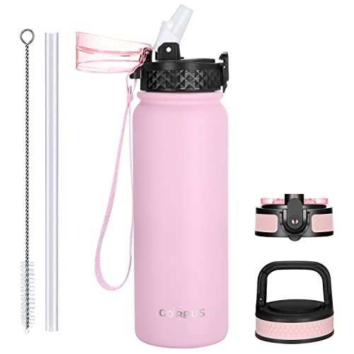 Goppus Kids Water Bottle With Straw Spout Wide Mouth Lid 20 Oz Leak Proof Double Walled Metal Insulated Stainless Steel Sports Water Bottles With Strap Handle Stickers For Boys Girls School(3 Lids) #TOP12