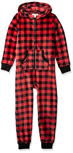 Little Blue House by Hatley Girls' Kid's Hooded Fleece Jumpsuit, Buffalo Plaid, 2 Years