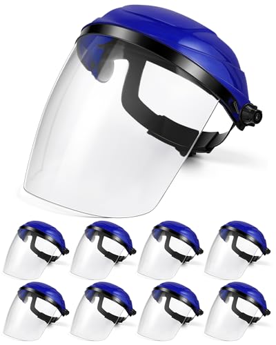 Image of Tellegloww 8 Pack Safety Face Shield for Grinding, Impact Resistant Blue | Full Coverage Shields for Cutting Woodworking, Clear Visor Bulk Protection, Chemical Splash Resistant Adjustable Design