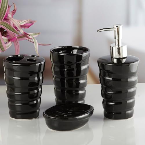 Image of Kookee Ceramic Bathroom Accessories Set of 4, Modern Bath Set with Liquid handwash Soap Dispenser and Toothbrush Holder, Luxury Gift Accessory for Home, Black (10238)