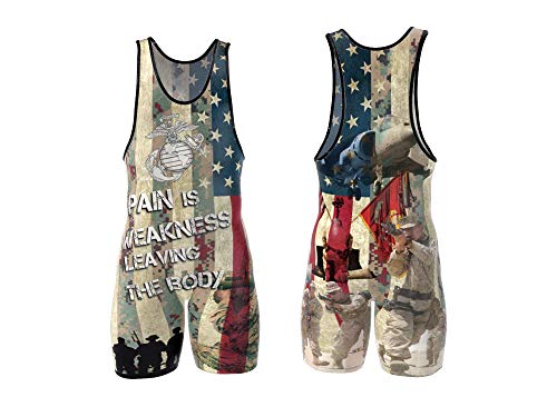 4 Time Sublimated Wrestling Singlet For Men And Youth, Powerlifting, Mma Wrestling Ring Gear/Apparel, Black, Navy Blue, Red (Sizes: 3Xs-3Xl) (Xxs/Yl 51-70 Lbs, Us Marines) #TOP1