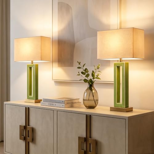 Image of 22 inch Modern Ceramic Table Lamps Set of 2, Green Crackle Glaze Hollow Bedside Lamps with Linen Shade, 5ft Cord Rotary Switch E26 Base Nightstand Lamps for Bedroom Living Room Entryway Decor