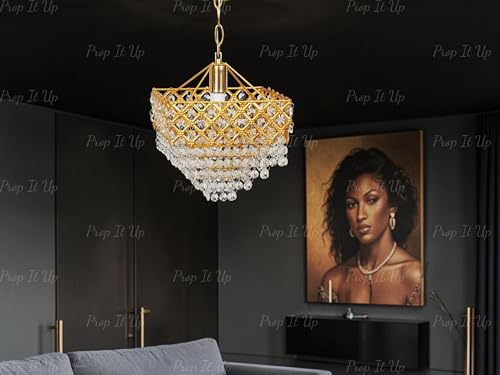 Image of Prop It Up Crystal Chandelier for Home, Gold Finish with Glass Crystals for Hall, Vintage Style, 23 cm Diameter, Indoor Lighting for Living Room, Dining, Entryway, Without Bulb