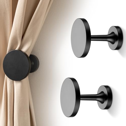 Small Curtain Holdbacks - 2 Pack, Black Curtain Tiebacks Hooks Wall Mounted, Metal Drapery Pull Back Hooks, Modern Curtain Hold Backs with Hardware, Window Side Holders for Drapes, Curtain Accessories