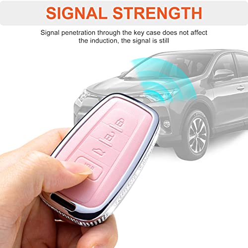 Shanghong Compatible With Toyota Key Fob Cover With Keychain Genuine Leather Crystal Key Case Protector For 2018-2022 Camry Rav4 Highlander C-Hr Prius Corolla Avalon Gt86 Smart Key, Pink #TOP2